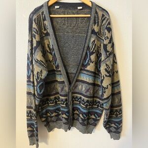 Vintage Zeppelin 1980’s Cardigan Sweater Geometric Pattern Tan Blue and Black XL
